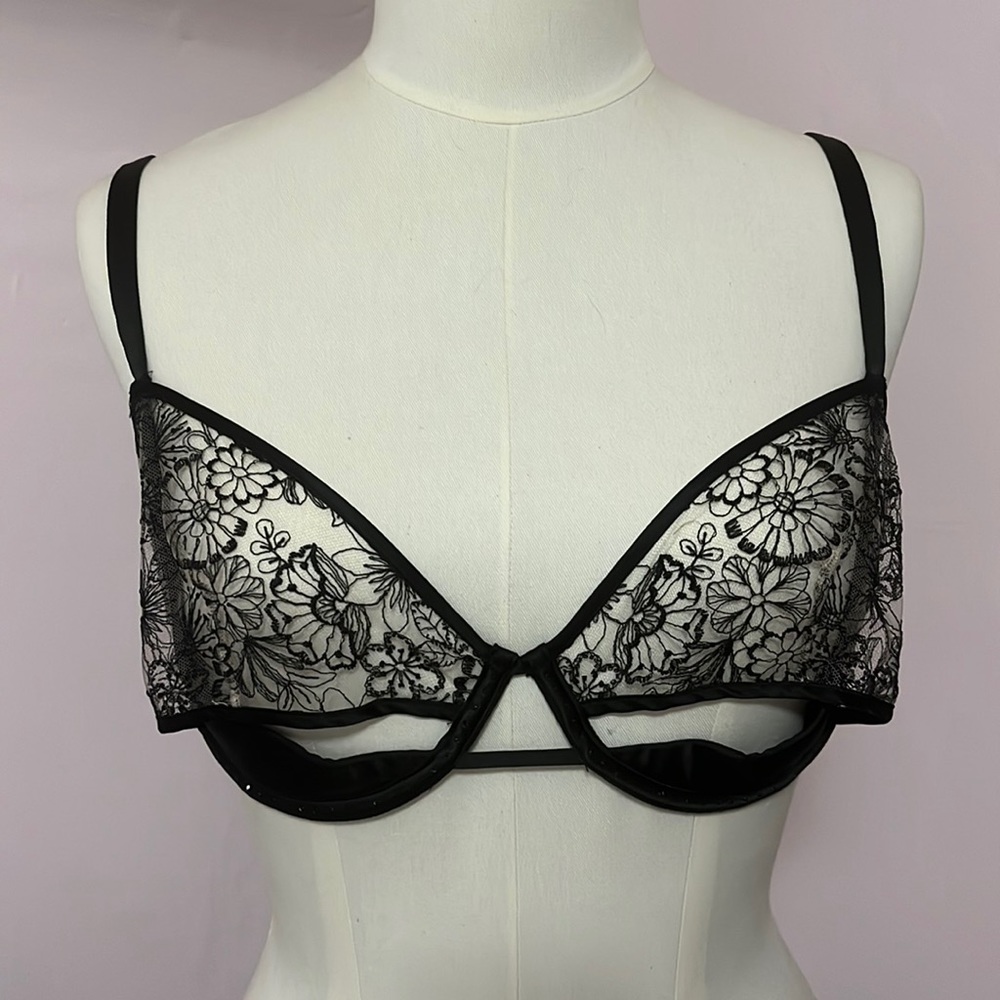 Victoria's Secret wicked balconette Black Sheer Floral Lace Underwire Bra